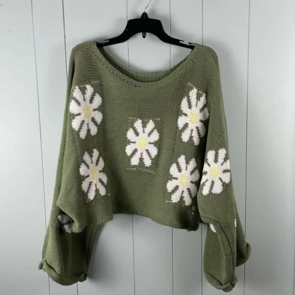 Storia, Forest/Olive Green, Retro Fall Oversize Bell Flare Daisy Sleeves Sweater - Picture 3 of 4